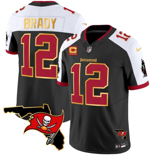 Men's Tampa Bay Buccaneers #12 Tom Brady Black/White With Florida Patch Gold Trim Vapor Football Stitched Jersey